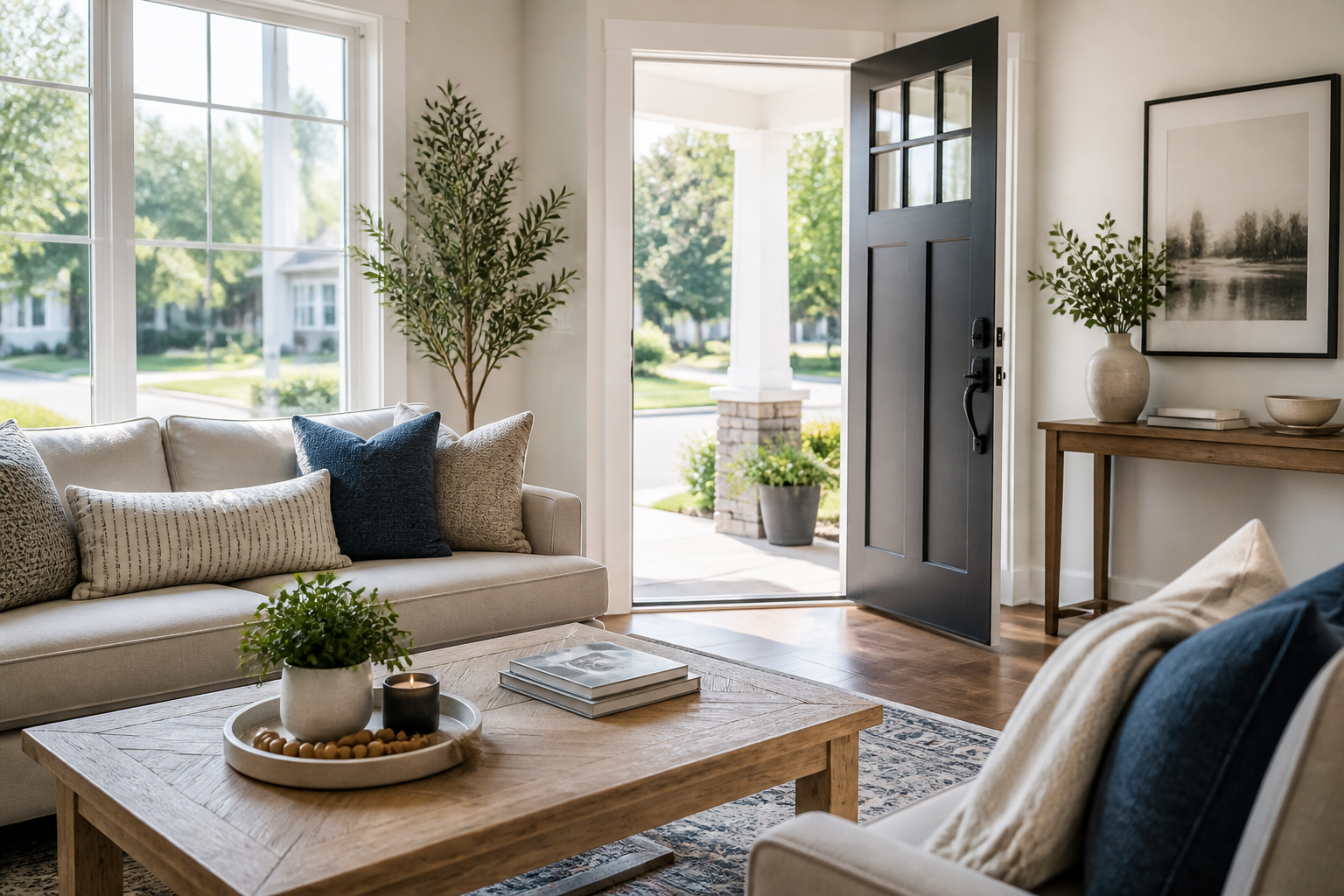 Welcoming staged home interior with a view of a suburban street